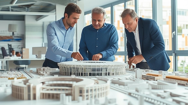 Three men looking at a model of a building in a room