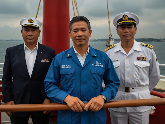 three men in military uniforms are standing on a boat