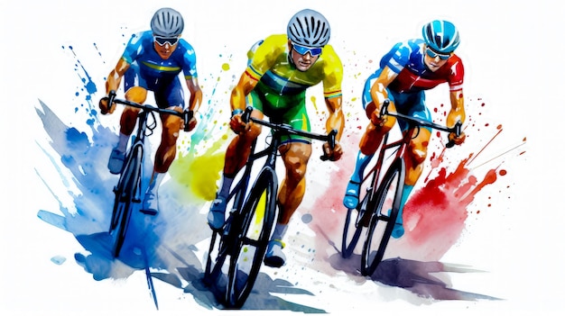 Three men riding bikes on race track with colorful paint splatters