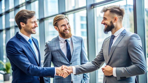 Photo three men shaking hands one of which has a beard