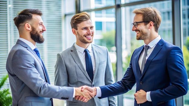 Photo three men shaking hands one of which is wearing a suit