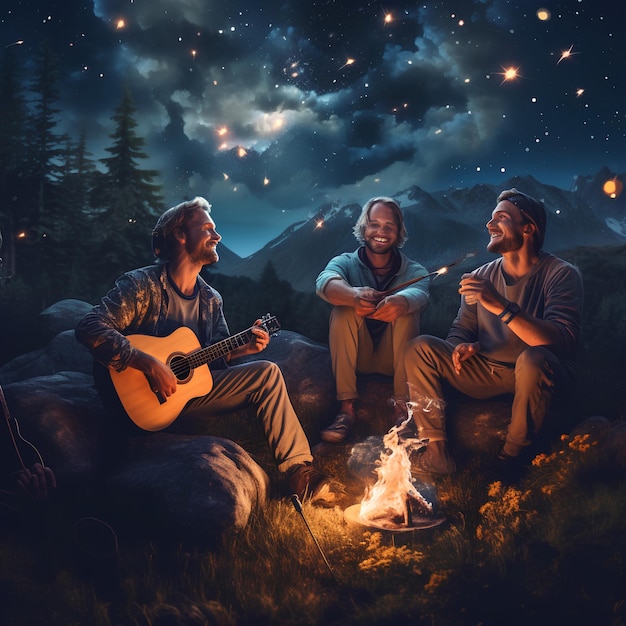 Photo three men sit around a campfire one of which has a guitar and the other holding a guitar