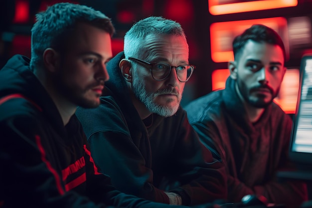 Photo three men sit in front of a monitor with one wearing a shirt that says  the word  on it