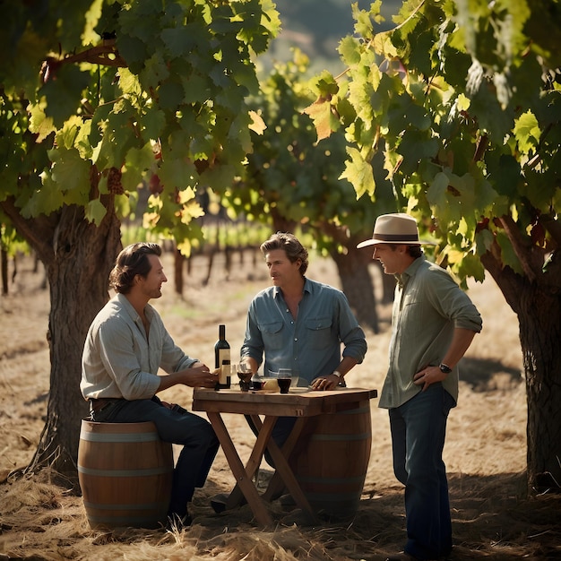 three men sit at a table with a bottle of wine