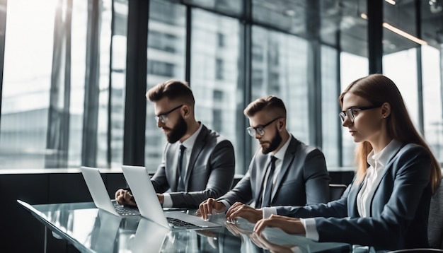 Photo three men sitting at a table with laptops and one has a glass wall behind them