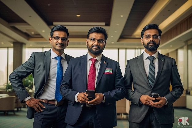 three men stand in a lobby one of which has a name tag on his neck