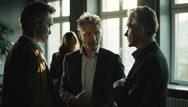 Photo three men in suits are talking to each other in a room