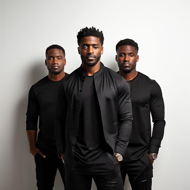 Photo three men wearing black shirts and one has a white background