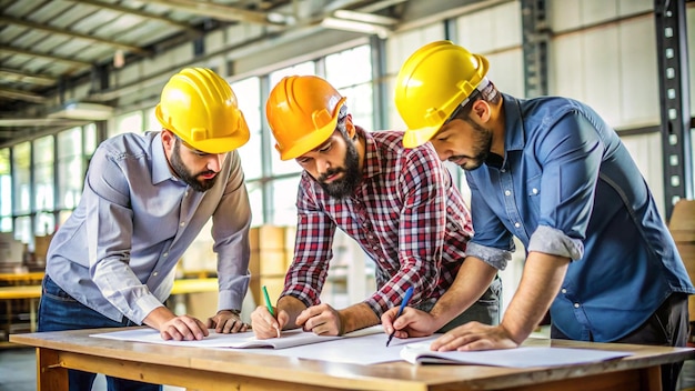 three men wearing hard hats are looking at a piece of paper with the word quot on it quot