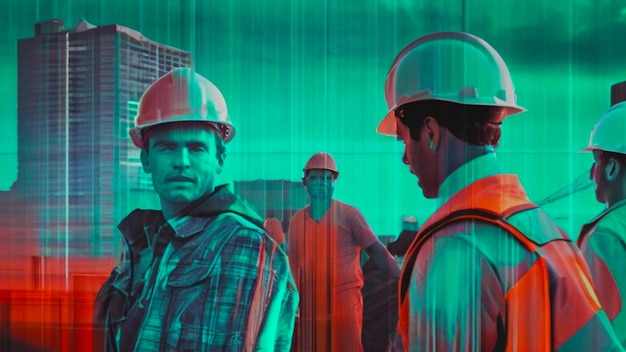 three men wearing hard hats and one has a green and red background