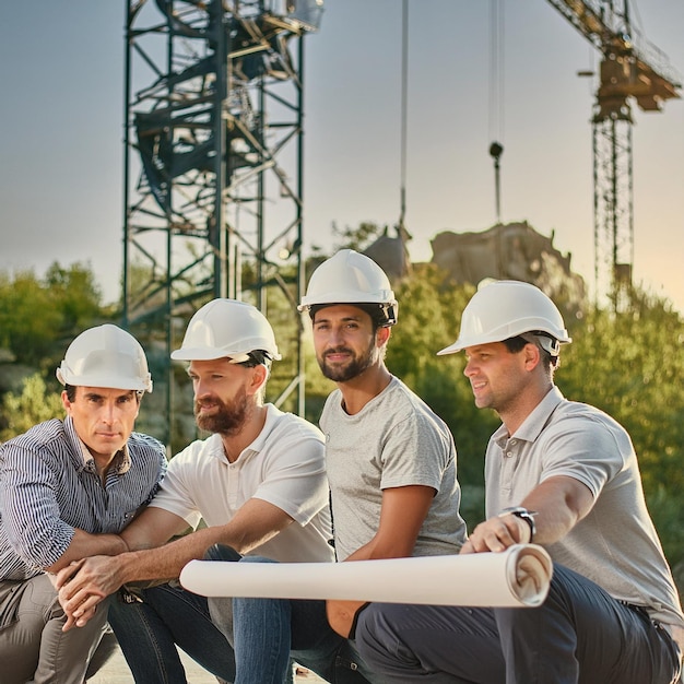 three men wearing hard hats one wearing a white shirt the other with the word quot on it quot