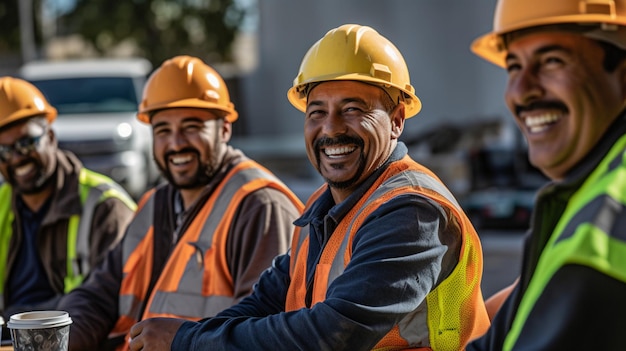 Three men wearing hard hats, one wearing a yellow hard hat, and one wearing a yellow hard hat.