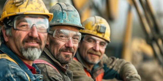 Three men wearing hard hats and safety glasses are smiling for camera