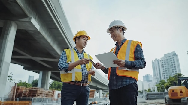 Three Men Wearing Hard Hats Talking in Front of a Construction Site