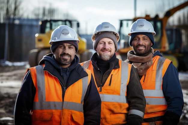 Three men wearing safety vests and hard hats