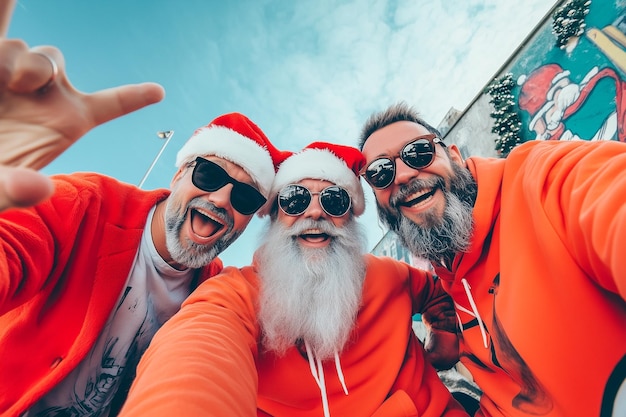 Photo three men wearing santa hats and sunglasses are posing for a picture