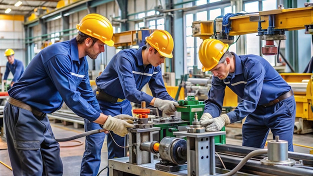 three men wearing yellow hard hats are working on a machine