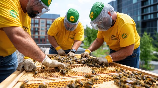 Photo three men wearing yellow shirts with the word bees on them