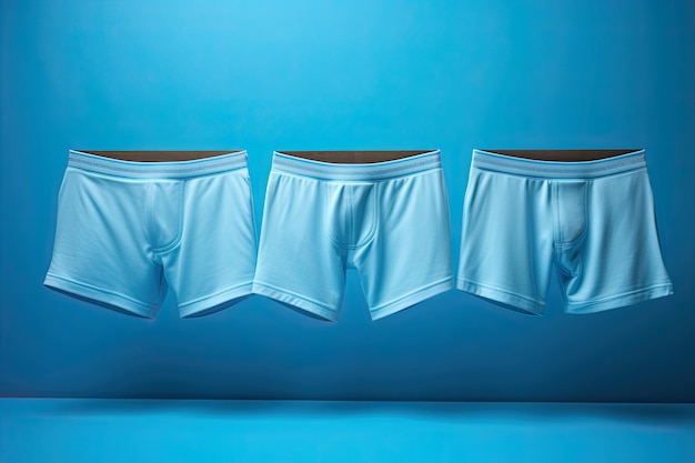 Three mens underpants levitating on a blue background