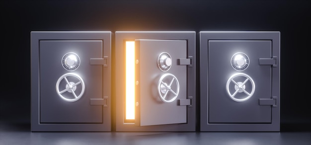 Three metal strongboxes with bright light glowing through half opened door d render