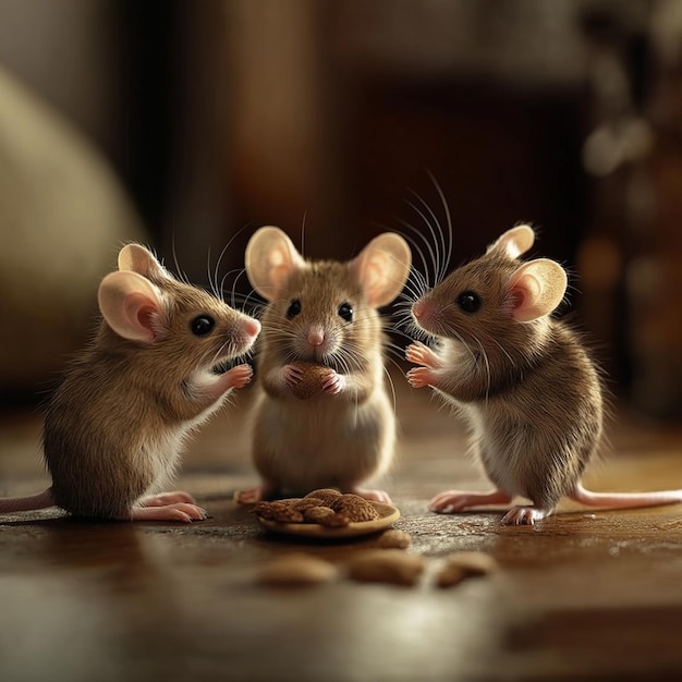 Photo three mice are looking at a cookie on a table