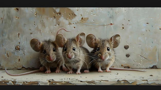 Photo three mice are sitting together and one has a nose on it