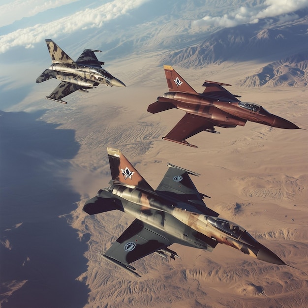 Photo three military fighter jets flying in formation over a desert landscape with mountains