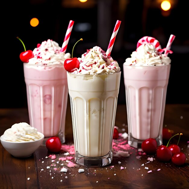 three milkshake milkshake milkshake with cherry on the top