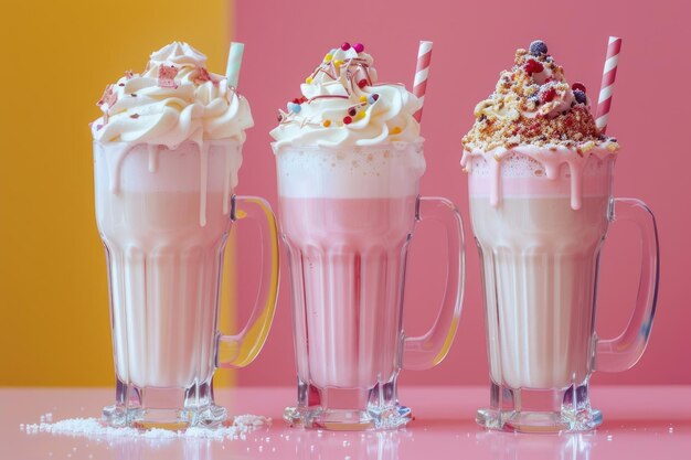 Photo three milkshakes on a bright background