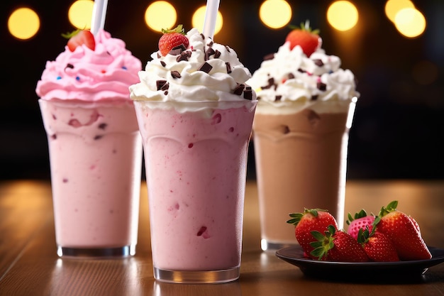 three milkshakes chocolate strawberry professional food photography AI Generated