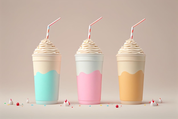 Photo three milkshakes with different flavors on them, one has a straw in the middle.