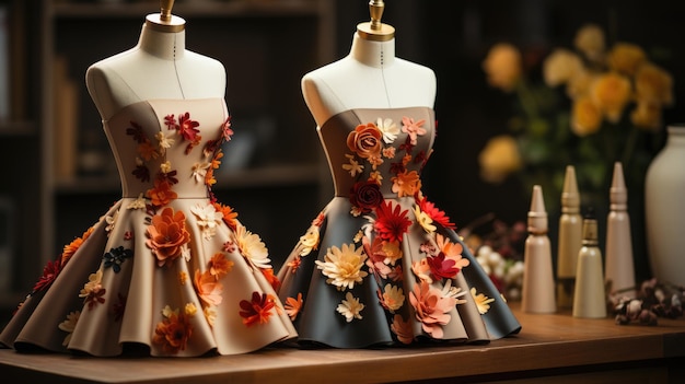 Three miniature mannequins showcasing colorful handcrafted doll dresses on a wooden table in a works