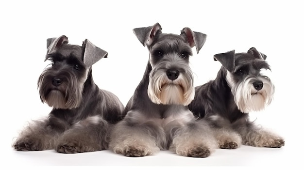 Three miniature schnauzer dogs sitting in front of a white background