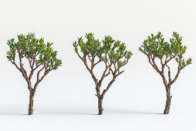 Photo three miniature trees showcasing natural beauty and diversity