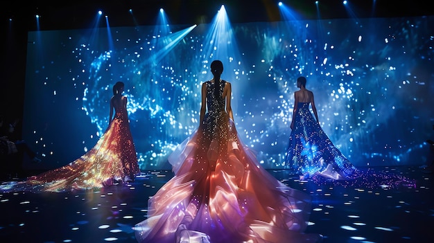 Three models walk the runway wearing luminous gowns surrounded by twinkling lights