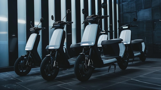 Three Modern Electric Scooters Parked In Front Of A Building