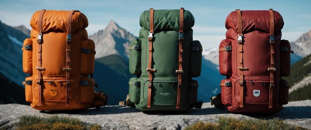 Photo three modern hiking backpacks in a stunning mountain landscape