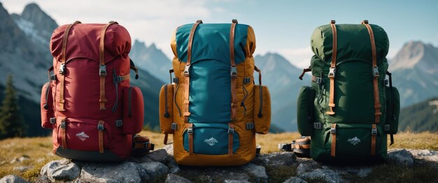 Photo three modern hiking backpacks in a stunning mountain landscape