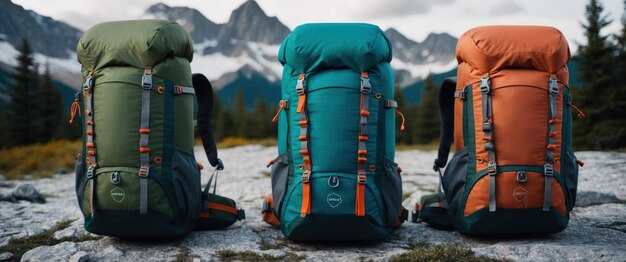 Photo three modern hiking backpacks in a stunning mountain landscape