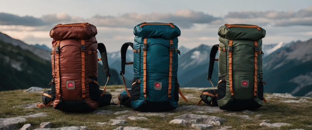 Photo three modern hiking backpacks in a stunning mountain landscape