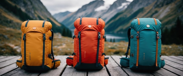 Photo three modern hiking backpacks in a stunning mountain landscape