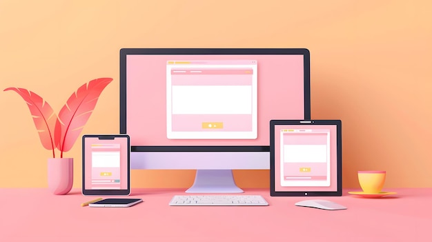 three monitors are on a pink surface with a pink background