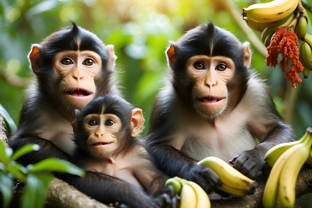 three monkeys are sitting in a tree one of the three are wearing a banana