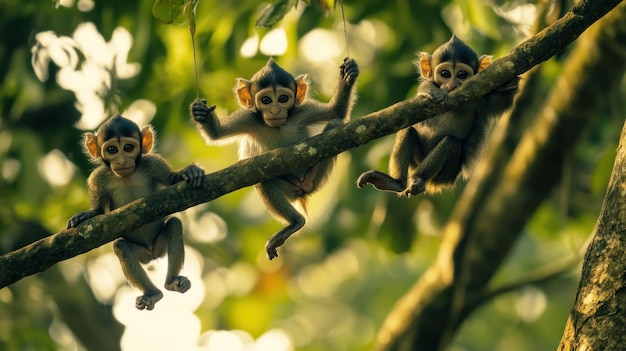 Photo three monkeys hanging on a branch