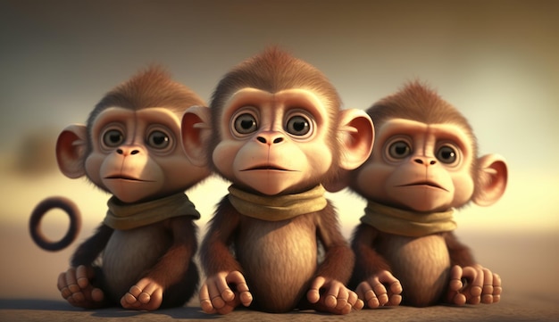 Three monkeys in a row, one of them is wearing a scarf and the other is wearing a scarf.