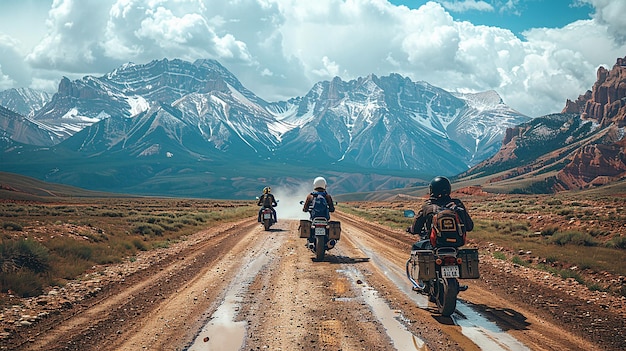 three motorcycle riders are riding down a dirt road in front of a mountain