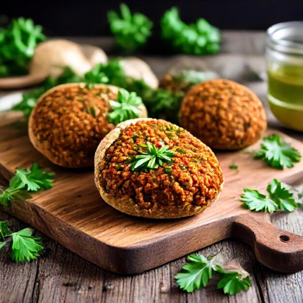 Photo three muffins with parsley on a wooden table