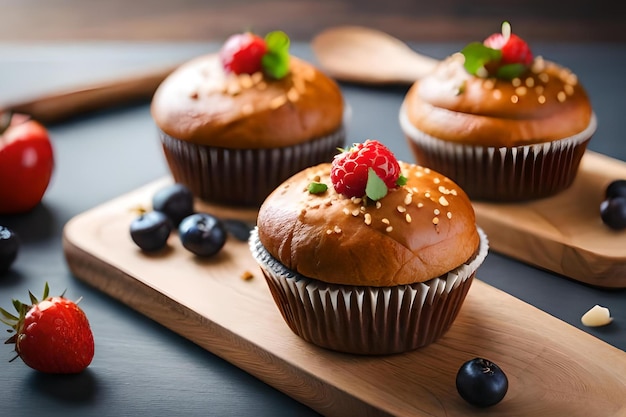 Three muffins on a wooden tray with blueberries and raspberries on the top