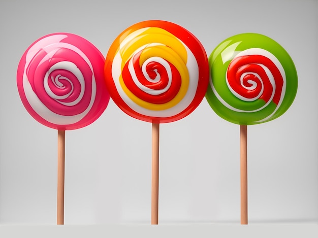 Three multicolored round lollipop on a gray background with copy space