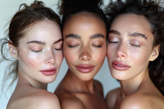 Photo three multiethnic women with closed eyes all have beautiful and healthy skin they smile gently whi